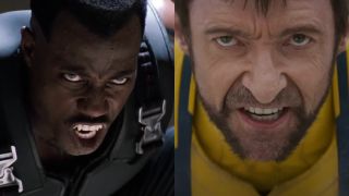 Blade (Eric Brooks) prepares to strike in Blade, while Logan (Hugh Jackman) prepares for a fight in Deadpool & Wolverine