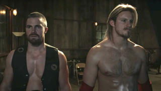 stephen amell and alexander ludwig in heels on starz