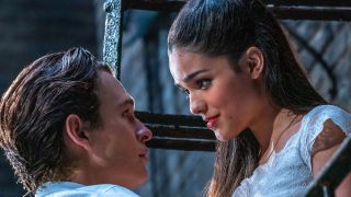 Ansel Elgort and Rachel Zegler as Tony and Maria in West Side Story Tonight balcony scene