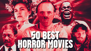 CinemaBlend&#039;s Best horror movies list logo, with characters from Seven, Midsommar, The Silence of the Lambs, Get Out and The Thing