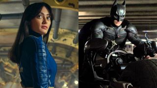 Lucy McClean (Ella Purnell) looks behind her on Fallout, while Batman (Christian Bale) rides the Batpod in The Dark Knight