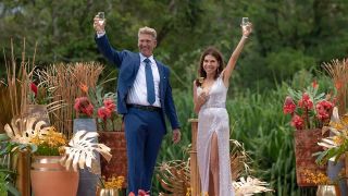 Gerry Turner and Theresa Nist celebrate their engagment during The Golden Bachelor Season 1 episode.