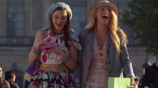 Blair and Serena in France. Blake Lively in famous Swarovski Cage corset.