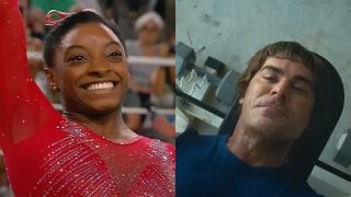 Simone Biles waves during Olympics performance as Zac Efron pumps Iron in The Iron Claw. 