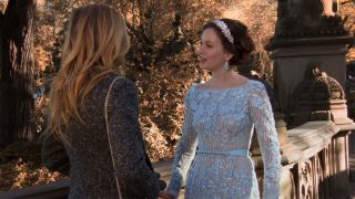 Serena and Blair talk in the Gossip Girl Season 6 and series finale, blue dress.