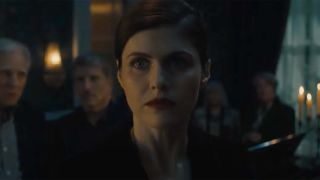 Alexandra Daddario with red lipstick on in Mayfair Witches.