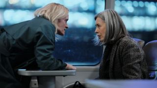 Psychotherapist Susannah in a heated discussion with Kate (Gina McKee) on a train in Channel 4's returning crime drama Suspect